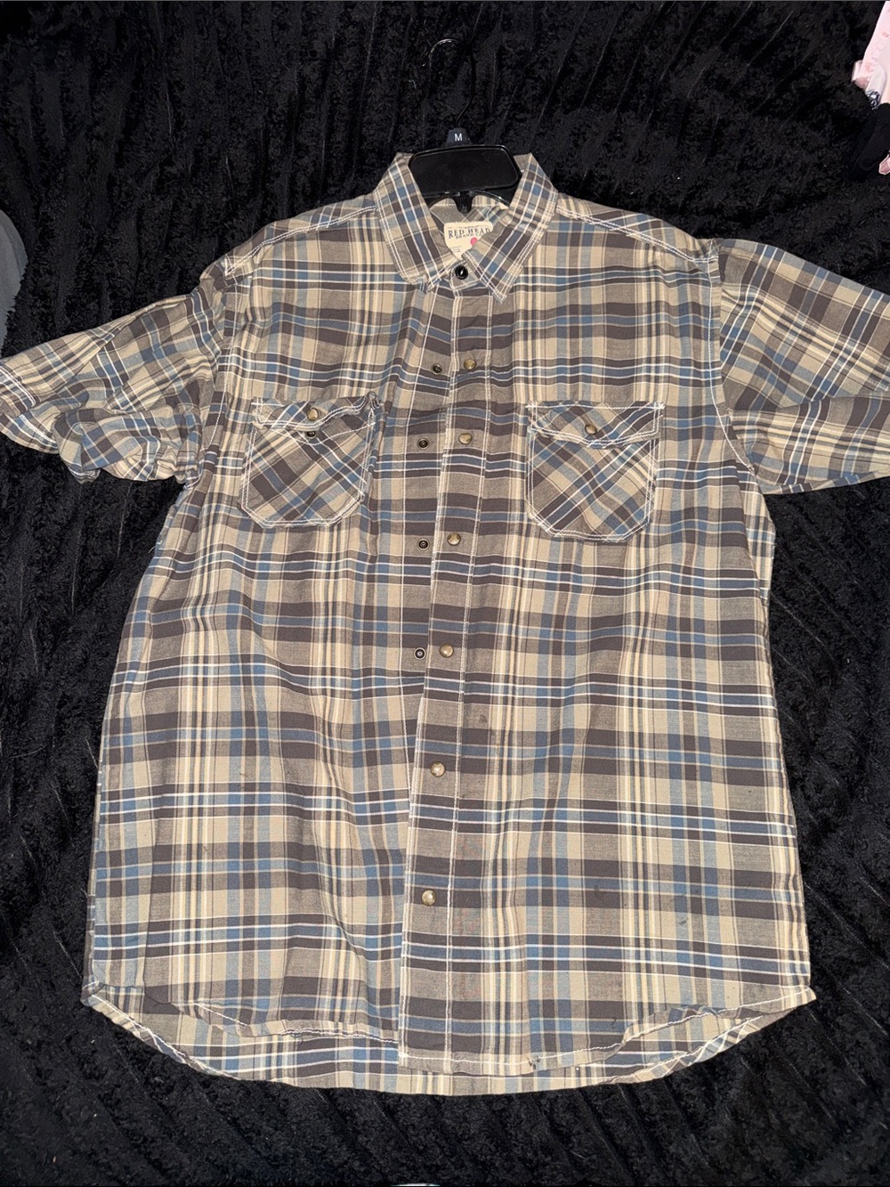 Red Head Plaid Short-Sleeve Button-Up Shirt in Beige and Blue
